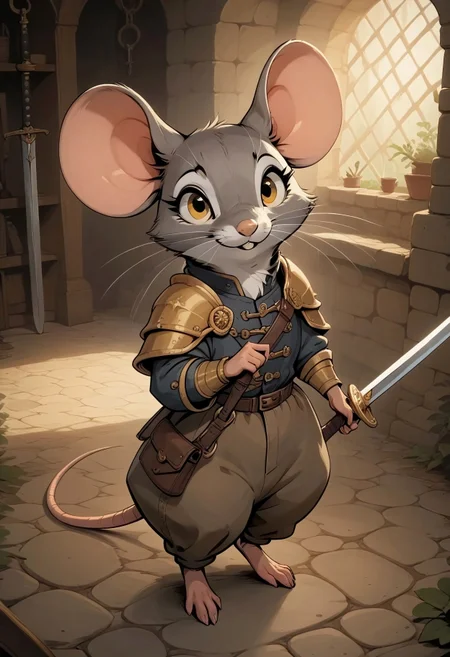 score_9, score_8_up, score_7_up, score_6_up, score_5_up, score_4_up, m0use_maximilla, in the style of Beatrix Potter, cute, (feral:0.5), golden eyes, ((dark brown adventurers outfit)), (pants:1.2), dungeon, ((holding long curved sword)), (full body shot), zoom out:2), high angle view, sword over shoulder, armor