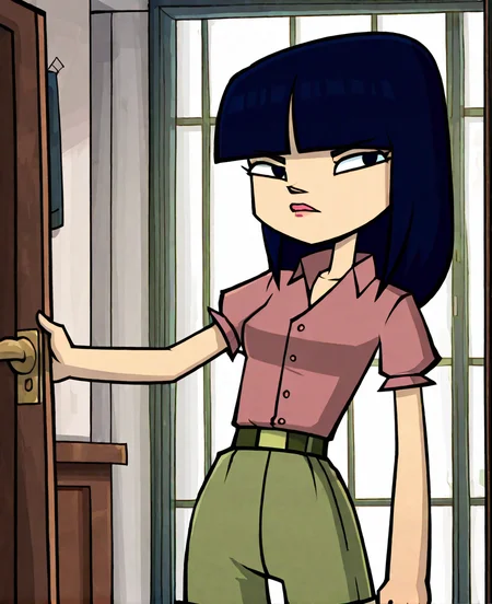 masterpiece, absurd res, highest quality, 4k, <lora:Debbiekangillustrious:1>, debbie kang, belt, collared shirt, indoors, looking at viewer, shorts, dark blue hair, bangs, blunt bangs, lips