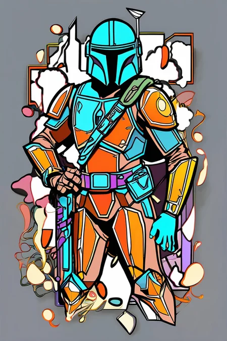heroic pose outline of The mandalorian, surrounded by many shapes, colorful doodle art style <lora:Doodle_XL_V1:1>