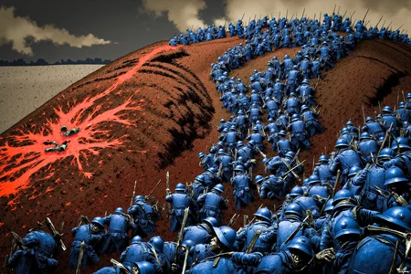 Image, illustration, depicting As the Poilus advance towards the "Ant Hill," the battlefield around them transforms into a vision of hell itself. The soldiers, their blue uniforms now darkened by the ash and soot that rains down from the sky, move as one, their helmets glinting in the dim light of distant fires. The hill rises before them, a steep and unforgiving slope that seems to pulse with a malevolent energy. The ground is cracked and scorched, with deep fissures that glow with an ominous red light, as if the very earth is bleeding. The air is heavy with the stench of burning flesh and sulfur, and the sound of distant screams echoes through the smoke-filled air. The Poilus, their faces hardened by the horrors of war, push forward with a grim determination, their rifles held tight, bayonets ready, as they ascend the hellish slope, each step bringing them closer to the heart of the inferno. <lora:metal_hurlant_v1:1> <lora:french_soldier_flux_v1:1.25>
