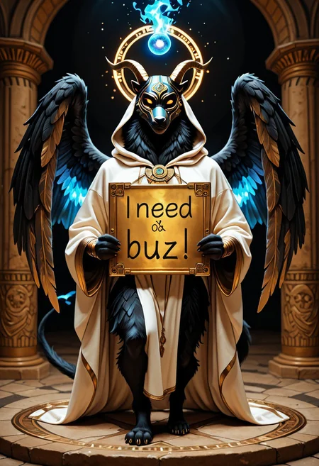 lazypos, A majestic, anthropomorphic deity blending goat and jackal features: the face is a luminous, metallic teal-blue jackal mask with glowing fiery orange eyes and intricate gold accents, inspired by futuristic Egyptian motifs. The character has curved horns and wears a white hooded cloak with gold trim, layered over ornate, futuristic armor in white, black, and gold, with organic, flowing designs. Large black feathered wings are adorned with golden medallions and multicolored ribbons. long thin tail ending in a tuft of fur. The deity holds a staff topped with a glowing red orb, floats above a radiant yellow magical circle, and is crowned with blue fire and a halo of arcane runes. The pose is dynamic and regal, with one leg bent and the other extended, set against a mystical or desert backdrop. In the free hand is a sign (holding sign, need_buzz) with the words "Buzz Tributes"
Realistic, super high resolution, 8k, photo, anthro, furry, anthro, fur, tail, detailed fur, detailed,