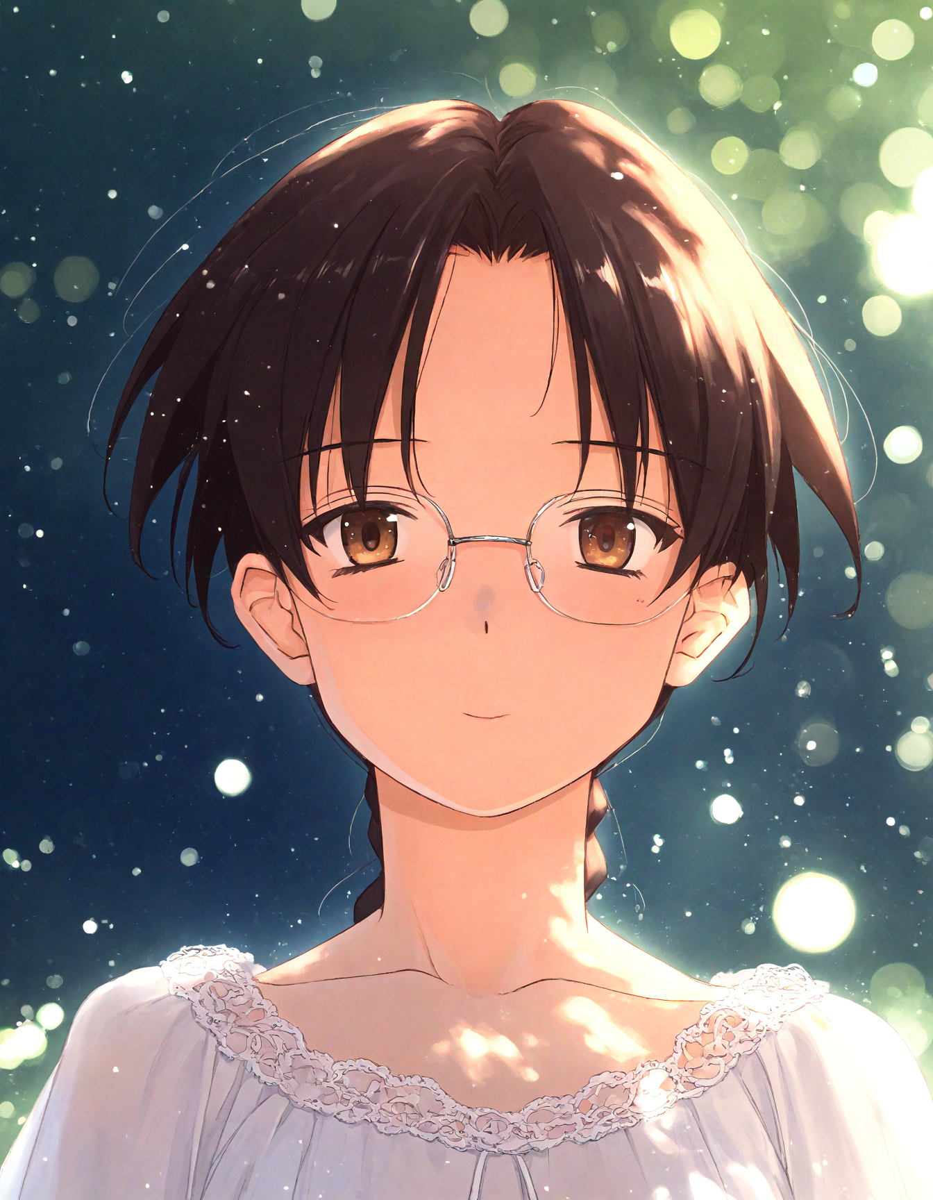 score_9, score_8_up, score_7_up, masterpiece, best quality, absurdres, official art, official style, (anime coloring, anime screencap, megami magazine, flat color:1.3), zPDXL2, zPDXLxxx,
<lora:Tsuina Style Pony_epoch_10:1.0>, tsuina_style
(cute face, beautiful face, detailed face, perfect face:1.3), 
dim lighting, light particles, dramatic lighting, bokeh, volumetric lighting, double exposure, 
rating_safe, standing, outdoors, (portrait:1.3), glasses