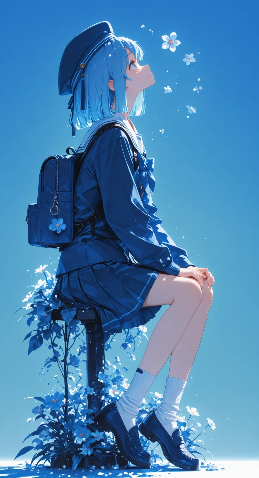 masterpiece, best quality, amazing quality, 1girl, solo, short hair, skirt, long sleeves, hat, holding, sitting, blue hair, jacket, school uniform, full body, flower, pleated skirt, shoes, socks, medium hair, sailor collar, bag, from side, blue skirt, gradient background, profile, blue background, white socks, blue jacket, backpack, looking up, blue theme, hand on own knee, blue bag <lora:noobai_ep11_stabilizer_v0.138_fp16:0.3> <lora:ppw_v7_noobVv1.0:0.5> <lora:XXX667:0.5> <lora:lpc_v10:0.4>