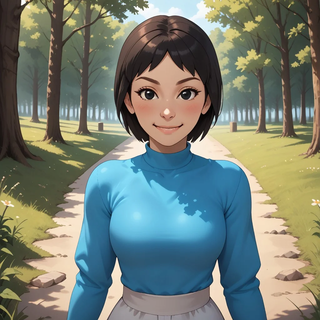 score_9, score_8, BREAK, solo, wii, mii, white skin, black hair, black eyes, dot eyes, brown eyebrows, small nose, blush, smile, cyan clothing, white pants, shoes, breasts, 1girl, female mii, wii sports, cute, Rin_(\Wii_Sports\), Nintendo Mii, modern_mii, classic_mii, sexy pose, self portrait, smile, outdoors, sunlight, shadows, evening lighting, natural lighting, forest, trees, grass, orange sky, sunset