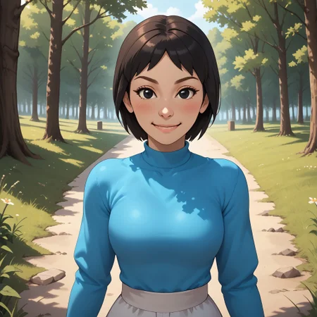 score_9, score_8, BREAK, solo, wii, mii, white skin, black hair, black eyes, dot eyes, brown eyebrows, small nose, blush, smile, cyan clothing, white pants, shoes, breasts, 1girl, female mii, wii sports, cute, Rin_(\Wii_Sports\), Nintendo Mii, modern_mii, classic_mii, sexy pose, self portrait, smile, outdoors, sunlight, shadows, evening lighting, natural lighting, forest, trees, grass, orange sky, sunset