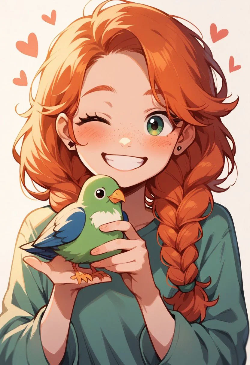 score_9, score_8_up, score_7_up, score_6_up, <lora:p3tl0v3XLP:1> p3tl0v3, 1girl, 22yo, redhead, freckles, cute smile, Flower woven braids, bird on finger, cockatials, kawaii, cute, winking, hearts