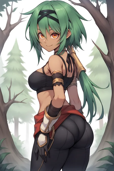 (score_9, score_8_up, score_7_up, score_6_up), source anime, BREAK, <lora:Kylier:0.7> , kylierdef, 1girl, (dark skin), green hair, low-tied long hair, long hair, orange eyes, bare shoulders, black tube top, gloves, black leggings, breasts, looking at viewer, (solo), smile, closed mouth, looking at viewer, looking back, standing, from behind, (ass), ass focus, <lora:zy_Detailed_Backgrounds_v1:0.5> , detailed background, highly detailed, outdoors, forest, trees, treetops, branches, <lora:rikuguma:0.8> , rikuguma,