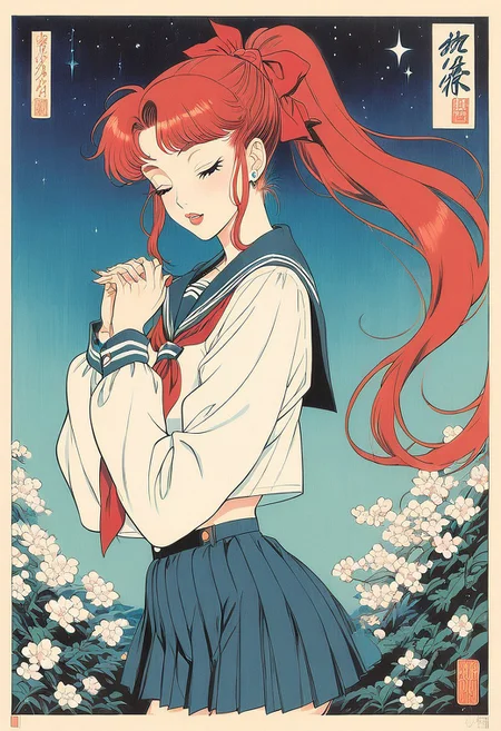 score_9, score_8_up, score_7_up, score_6_up, score_5_up, score_4_up, BREAK sourse_anime, retro anime style, detailed retro anime, 90's anime style, 1990s \(style\), Vintage, dreamy psychedelic anime, high quality, best quality, anatomically correct, masterpiece, BREAK 1girl, solo, from side, view from the back, BREAK blue hair, ponytail, (red hair ribbon), beautiful teenage girl, red neckerchief, BREAK serafuku, (white short with long sleeves), green pleated skirt, closed eyes, BREAK (hands reach out to the star), (night, shining stars in the sky on background), translucent rainbow, cowboy shot, ukiyo-e, solo