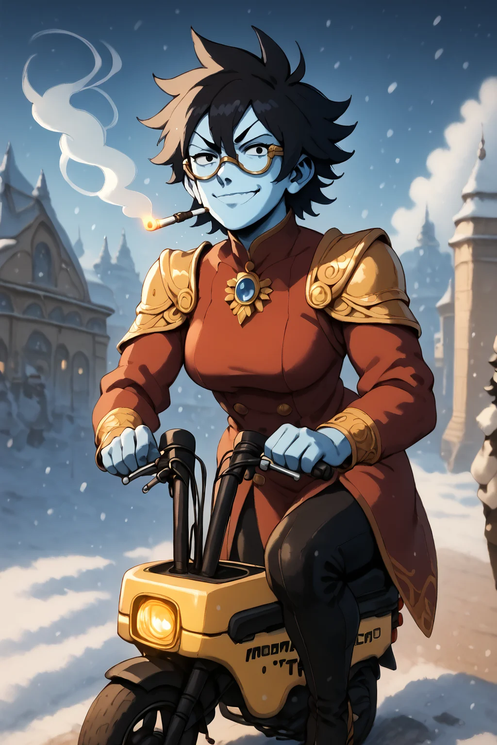 royal blue skin, black hair, spikey hair, angular gold glasses, fancy gold jewelry, smug, smoking,  <lora:RD-MAnon-XLV1.1:1>, inf front of a café looking out over a artic snow field, ((motocompo)), solo, standing, behind  <lora:motocompo_detailed:1.5> ground vehicle, riding motocompo, , source_anime, score_9_up, score_7_up, score_8_up