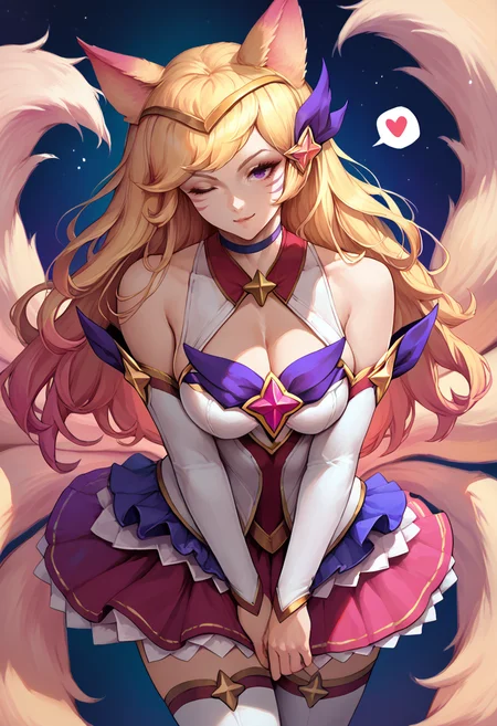 score_9, score_8_up, score_7_up, ahriStrGdn, animal ears, facial mark, fox tail, multiple tails, long hair, blonde hair, purple eyes, large breasts, hair ornament, choker, magical girl, star (symbol), bare shoulders, cleavage, detached sleeves, skirt, white thighhighs, <lora:Ahri_StarGuardian_pdxl_Incrs_v1:1>, one eye closed, spoken heart, seductive smile,