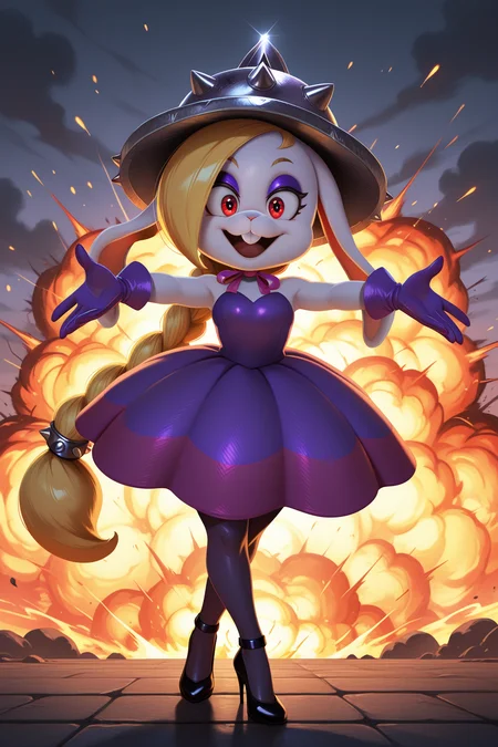 masterpiece, best quality, amazing quality, absurdres, mariohariet, blonde hair, single braid,  white skin, furry female, rabbit girl, solo, smile, open mouth, confident, outstretched arms, looking at viewer, spiked helmet, purple dress, purple gloves, black stiletto heels, outdoors, intense atmosphere, stylized,  explosion, fire, sparks, steam, smoke