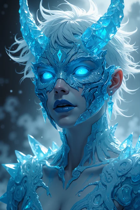 A hyper-realistic portrait, photorealistic photo close-up image of A close-up portrait of a female, with short, spiked white hair and pale, almost translucent skin, belonging to a mysterious race of ice witches. She appears to be in her early 30s, her gaze cold and calculating beneath a sinister, horned mask. The mask is carved from ancient, enchanted ice, with jagged, crystalline horns that protrude from either side, each one glistening with frozen shards. The surface of the mask is smooth, but faint blue runes pulse with a chilling light, spreading an aura of cold that seems to seep from the mask itself. Her lips are blue and slightly parted, revealing sharp, icicle-like teeth, and her icy blue eyes glow with a dangerous, arcane power. The background is a swirling mist of frosty whites and cool blues, with hints of silver that shimmer like the Northern Lights, creating a scene that is both beautiful and terrifying. The combination of the horned mask and the icy backdrop gives her the appearance of an ancient, powerful witch, commanding the frozen forces of her homeland. (photography, high-resolution, dynamic, energetic,hyper-realistic, dramatic lighting, shallow depth of field.)<lora:Anime v1.3:1.2>