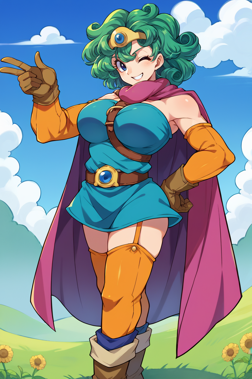 score_9, score_8_up, score_7_up, score_6_up, source_anime, 1girl, solo  <lora:dq4sofia-pdxl-nvwls-v1-000005:1> dq4sofia, curly hair, green hair, tiara, large breasts,  <lora:dq3heroine-pdxl-nvwls-v1:1> purple cape, blue dress, strapless dress, belt, elbow gloves, yellow thighhighs, boots, field, looking at you, wink, smile, hand on hip