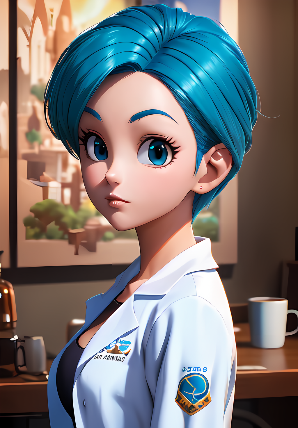(Photo:1.3), highdetail, <lora:Bulma:0.8>, Bulma, 1girl, solo, labcoat, coffee mug, portrait,, (acclaimed, alluring, captivating, exciting, gorgeous, striking:1.3), (trending on artstation:1.3)