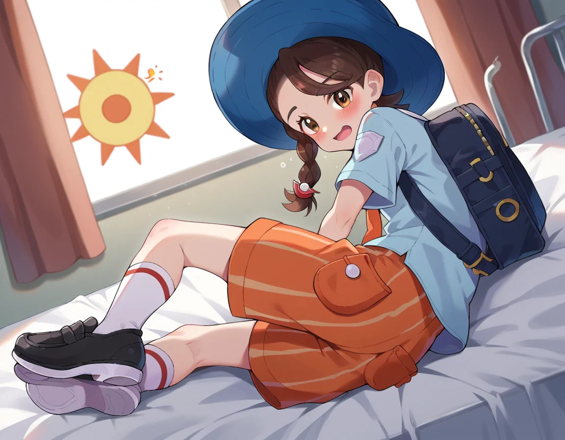 score_9, score_8_up, score_7_up, source_anime,
pokemonjuliana, <lora:pokemon-juliana-ponyxl-lora-nochekaiser:1>
pokemonjuliana, braid, brown eyes, brown hair, hair ornament, hairclip, side braid, single braid, swept bangs,
backpack, bag, black footwear, blue headwear, blue shirt, breast pocket, collared shirt, hat, kneehighs, naranja academy school uniform, necktie, orange necktie, orange shorts, pocket, school uniform, shirt, shoes, short sleeves, shorts, socks, striped, striped shorts, sun hat, white socks,
indoors, bed, bed room, on side, blush, drunk,
looking at viewer, cowboy shot, dutch angle,