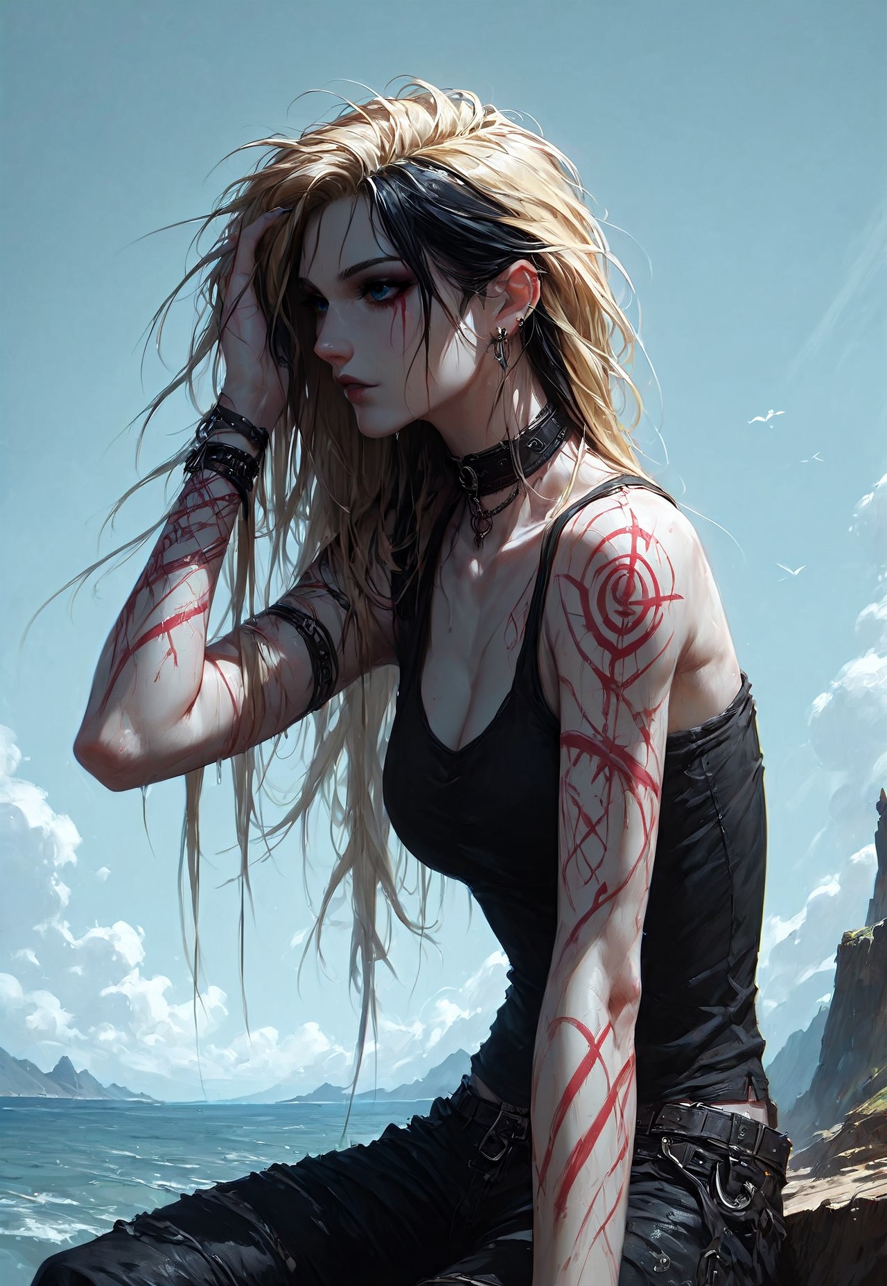 score_9, score_8_up, score_7_up, score_6_up, Expressiveh, masterpiece, (((High Resolution, Best Quality))), highly detailed, 

1girl, solo, Covered in Tattoos, hand on head, brushing hair behind ear, black hair, blonde highlights, Tanktop, cutoff, choker, On a Cliff overlooking a beach, Cloudy Sky,