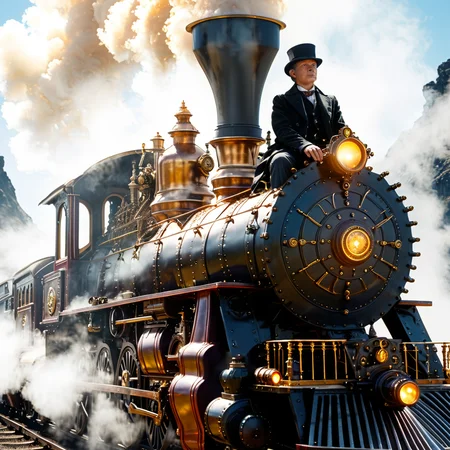 midjourneylora, 1man sitting ontop of steam engine train,Photorealistic, Ultra-high detail, lifelike textures, realistic lighting, high-resolution, midjourneylora, 1man sitting ontop of steam engine train, futuristic, magic, epic composition, intricate, elegant, detailed, extremely light bright, cinematic, sharp focus, colorful, artistic color, highly saturated, dramatic, thought driven, innocent, fine detail, full background, inspired, rich vivid colors, ambient, dynamic, beautiful, magical, advanced
