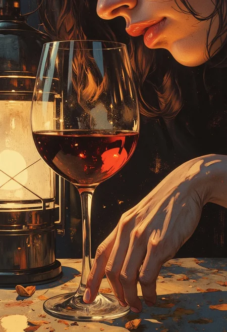 (Ethereal soft-focus, warm lamplight against cool midnight shadows, delicate brushwork capturing texture and softness, quiet sensuality) — A zoom-in on the delicate play of fingers tracing the edge of a wine glass, the dim glow of a nearby lantern casting shifting highlights over smooth, slender hands. A relaxed yet elegant pose, the faintest of smiles hidden just out of frame. Rich velvet tones and deep shadows enclose the scene, while warmth lingers in every golden reflection. A moment frozen in a dreamy, intimate haze, where light and touch whisper quiet stories.