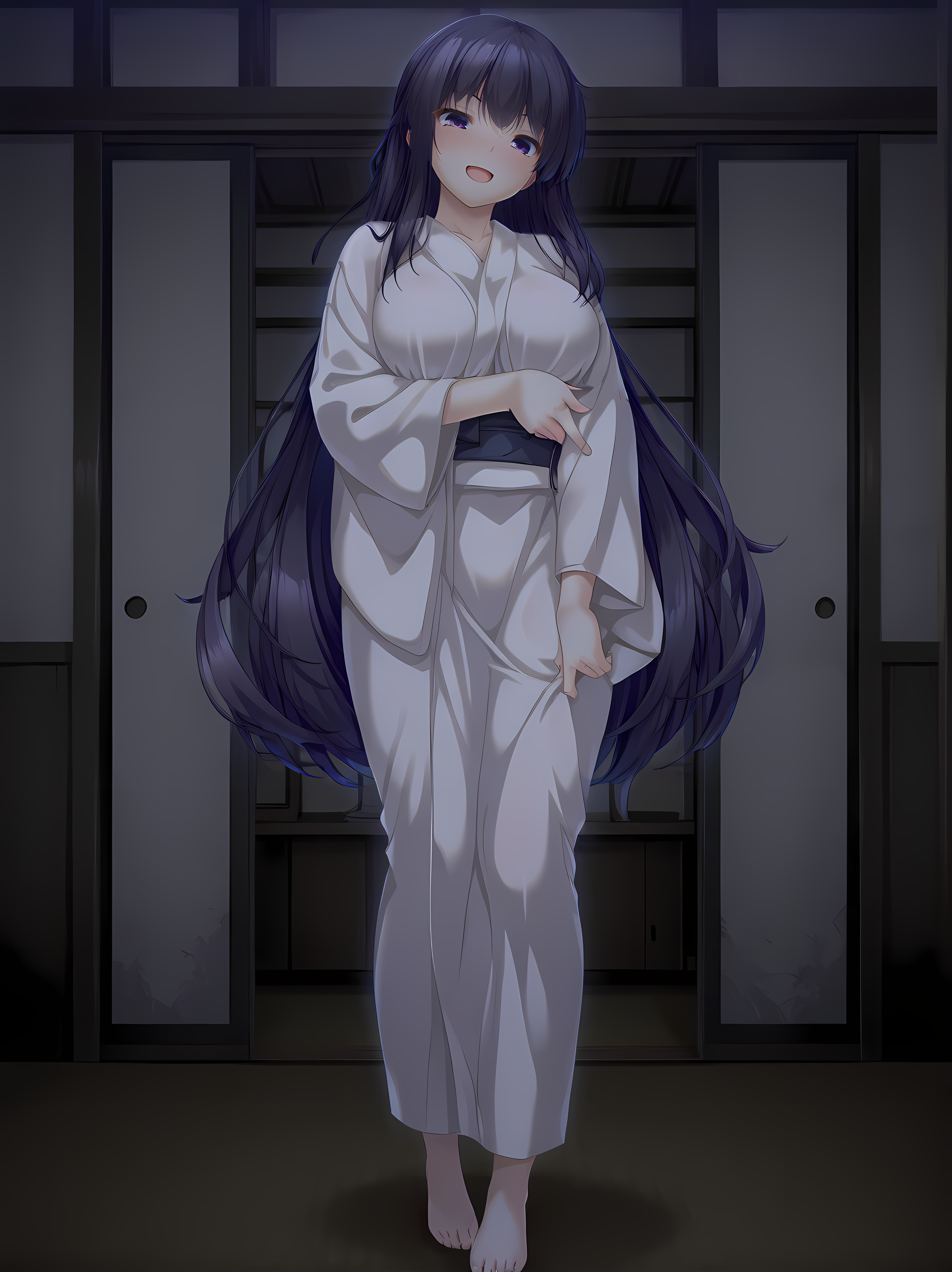 kagami,escude,kimono,breasts,long hair,full body,large breasts,black hair,purple eyes,looking at viewer,very long hair,standing,indoors,blush,smile,looking down,open mouth,<lora:Kagami_Shura_-_Illustrious:1>,adjusting clothes,barefoot,, masterpiece,best quality,amazing quality,
