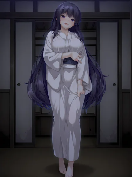 kagami,escude,kimono,breasts,long hair,full body,large breasts,black hair,purple eyes,looking at viewer,very long hair,standing,indoors,blush,smile,looking down,open mouth,<lora:Kagami_Shura_-_Illustrious:1>,adjusting clothes,barefoot,, masterpiece,best quality,amazing quality,