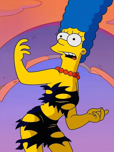 <lora:Marge:0.8> m_s, 1girl, yellow skin, long lashes, long nose, blue hair, tall beehive hairstyle, round eyes with black pupils, black eyes, red pearl necklace,
((torn revealing clothes)), goth makeup, score_9, score_8_up, score_7_up,
