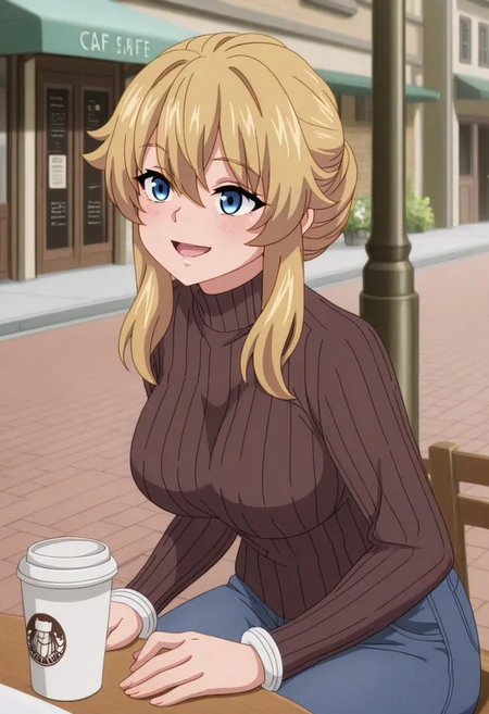 masterpiece,perfect quality,best quality,absolutely eye-catching,absurdres,highres,newest,anime coloring, anime screencap,(1girl,solo),PepeshaCivilian, blonde hair, long hair, blue eyes, large breasts, ribbed sweater, brown sweater, turtleneck sweater, long sleeves, jeans, single hair bun, sidelocks, bangs, sitting, at table, coffee cup, open mouth smile, cafe, street, sunny, outdoors