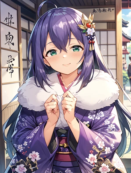 score_9,score_8_up,score_7_up,
official art,official style,game cg,megami magazine,
uncensored,
1girl,solo,
mochizuki anna,purple hair,green eyes,ahoge,
japanese clothes,obi,obijime,obiage,kimono,fur-trimmed kimono,fur trim,wide sleeves,
<lora:idolmaster_mochizuki_anna_pony_v1:1>,