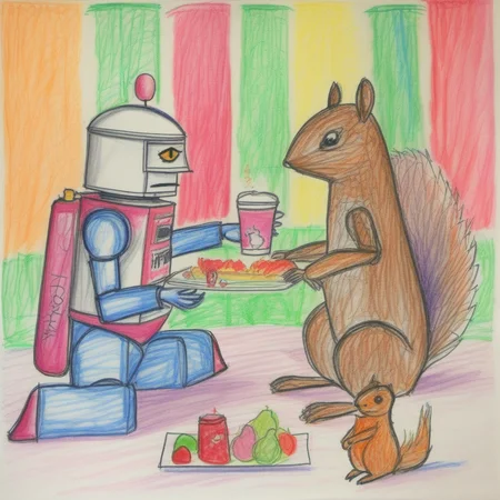 A robot and a squirrel having a picnic <lora:crayons_v1_sdxl:1>