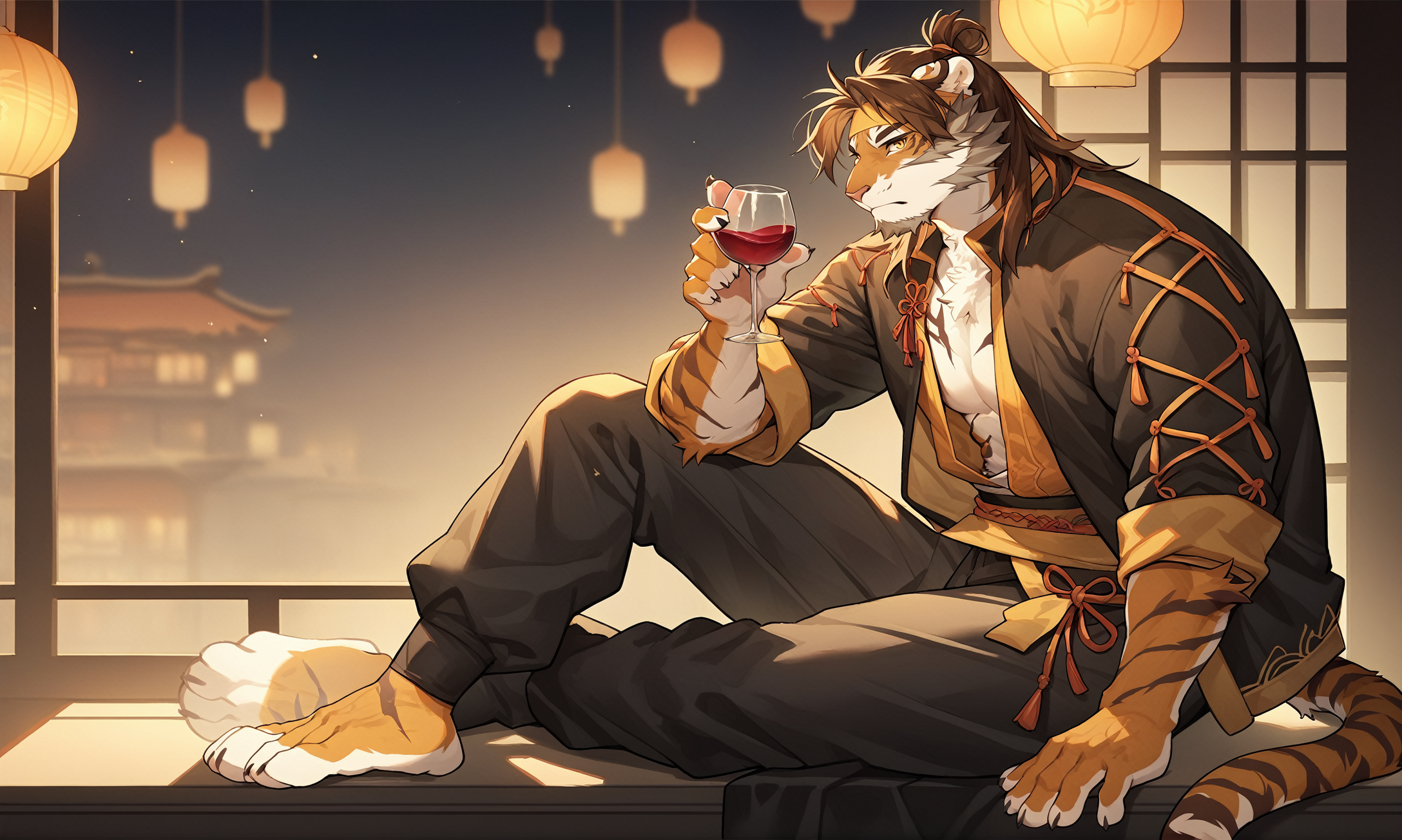 score_9,score_8 up,score_7 up,score_6 up,score_furry,
æ§å¤©è£´,manthro,tiger,solo,male,felid,black clothes,brown hair,striped fur,striped body,yellow tur,Chinese wine glass,fur,countershading,beverage,holding object,stripes,clothed,sitting,orange fur,white body,aged up,looking at viewer,full body,<lora:Huai_Tianpei_XL_Pony_1-000009:0.8>,