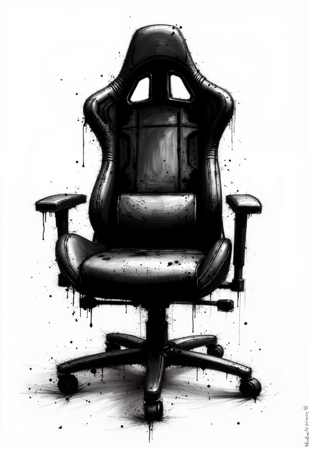 A rough ink drawing of a black gaming chair on white paper, featuring bold, uneven strokes and noticeable ink drips. The chair’s design is sketched with a raw, expressive style, focusing on exaggerated contours and asymmetrical details. The shading is haphazard and textured, with splatters and smudges adding a chaotic, unfinished aesthetic. The overall look conveys a sense of gritty, spontaneous artistry.