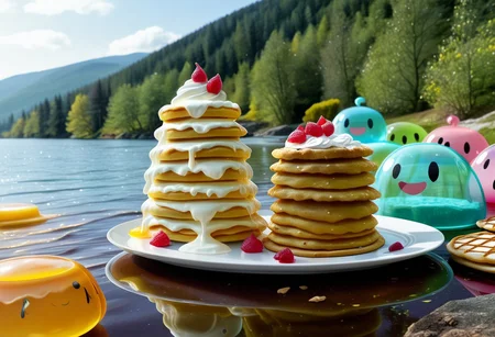 {foodphoto, a stack of pancakes made out of slime, (slime pancakes:1.5), slime syrup, pancakes covered in syrup, a swirl of whipped topping on top of a stack of pancakes, (slime whipped cream:1.5), (tan slime pancakes:1.5), (white slime topping:1.5)},
plate made of slime, table made of slime,
natural light, no bright spots,
((translucent slime)), ((transparent slime)), made of water, (bioluminescent slime), sl1m3d, slime, slime-morph, ais-blmn, saturated colors, no creatures, no humans, no monsters, no pokemon, scenery only, scenery, no slime creatures,