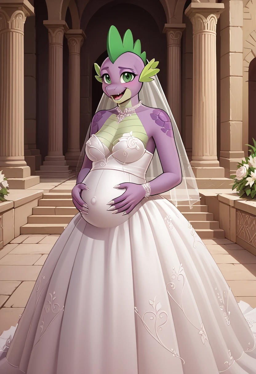 score_9, score_8_up, score_7_up, score_6_up, source_MLP, solo, from front,
Spike the dragon, purple scales, green eyes, female, wedding dress, happy, pregnant, medium breasts, hands on belly,
Temple background, by drako