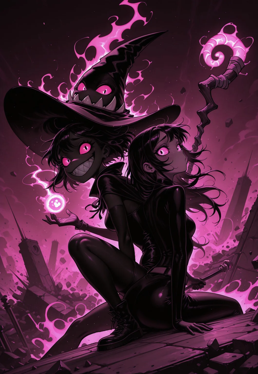 RBL-Illu, duo, safe, symmetrical_pose, portrait, back-to-back, looking back, knee up, stare, grin, sharp teeth, raised eyebrows, o3o, magic battle, flying wizard hat, energy, aura, debris, action, staff, beam, bright sclera,
[limited palette, blending], pink light, bright light, high contrast,
masterpiece, best quality, absurdres, [dynamic pose]