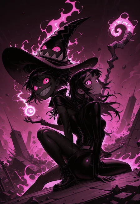 RBL-Illu, duo, safe, symmetrical_pose, portrait, back-to-back, looking back, knee up, stare, grin, sharp teeth, raised eyebrows, o3o, magic battle, flying wizard hat, energy, aura, debris, action, staff, beam, bright sclera,
[limited palette, blending], pink light, bright light, high contrast,
masterpiece, best quality, absurdres, [dynamic pose]
