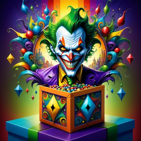 Monster in a box, high quality, masterpiece, Joker in a colourful box design, elaborate fantasy style art, intricate details, ultra sharp, backlit, exquisite detail <lora:Monster_in_a_Box_SDXL:1>