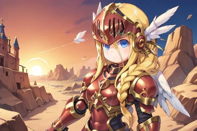 (score_9, score_8_up, score_7_up, score_6_up), source anime, BREAK, <lora:Aegina:0.65> , aegdef, 1girl, blonde hair, long hair, braid, blue eyes, valkyrie, visor (armor), winged helmet, armored dress, armor, gauntlets, boots, serious, angel wings, holding sword, closed mouth, looking at viewer, solo, cowboy shot, <lora:zy_Detailed_Backgrounds_v1:0.5> , detailed background, highly detailed, castle, fortress, wasteland, desert, sunset, <lora:Nova_Sphere_Style_V1.0:0.5>