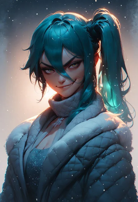 score_9, score_8_up, score_7_up, score_6_up, score_5_up, t4s14, (dramatic lighting, volumetric lighting, cowboy shot, winter, snow, dark, 1girl, teal hair, hair between eyes, side ponytail, gown, hot, smirk)
