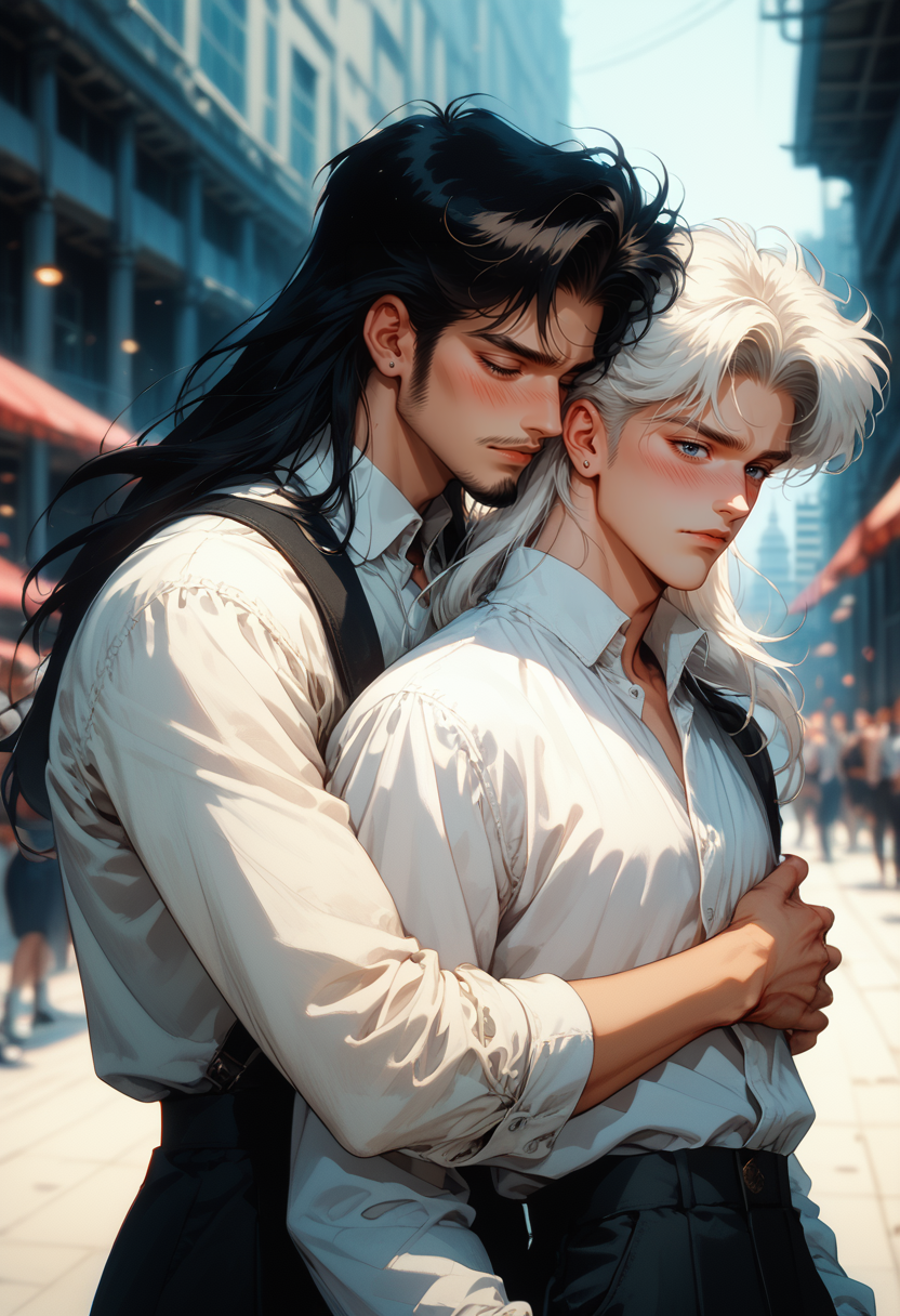 (score_9, score_8_up), score_7_up, 2boys, yaoi, tsukkomi, white hair, black hair, shot hair, long hair, arm around waist, plumeria, lungs, model building, thick beard, crowd, carrying under arm, blush, mouth slightly open, embarrassed,
Depth of field, blurring background, cinematic lighting, retro
 <lora:nostalgia-000011:0.6>