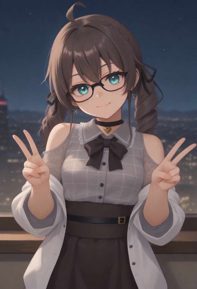 1girl, solo, solo focus, highres, absurdres, MatsuriMineGirl, brown hair, bangs, grey shirt, ahoge, twintails, black ribbon, black choker, hair between eyes, hair ribbon, brown skirt, shoulder cutout, collared shirt, flower earrings, black bowtie, blue eyes, white jacket, see-through sleeves, lace sleeves, plaid shirt, high-waist skirt, puffy short sleeves, medium hair, open jacket, small breasts, long sleeves, drill hair, black-framed eyewear, braid,
looking at viewer, evil smile, closed mouth, head tilt, double v,
indoor, cityscape, neon lights, window, dark, night, night sky, 
light particles, backlighting, shade, light rays, lens flare, shiny skin, fine fabric emphasis,