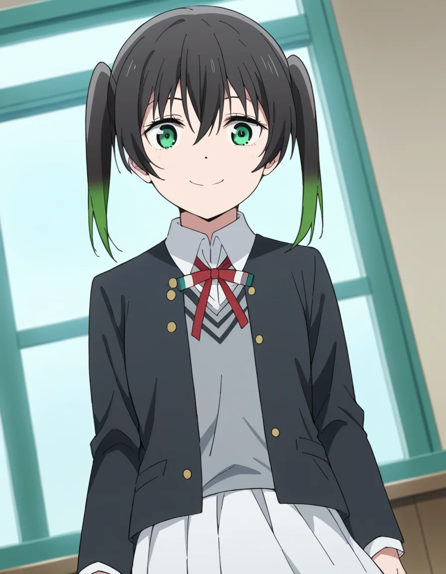score_9, score_8_up, score_7_up, source_anime, <lora:yuu-takasaki-s2-ponyxl-lora-nochekaiser:1>, yuu takasaki, bangs, black hair, hair between eyes, twintails, green eyes, multicolored hair, green hair, medium hair, two-tone hair, gradient hair,, skirt, long sleeves, school uniform, jacket, red ribbon, black jacket, blazer, nijigasaki academy school uniform, white skirt,, indoors, smile, looking at viewer, solo,, cowboy shot, dutch angle