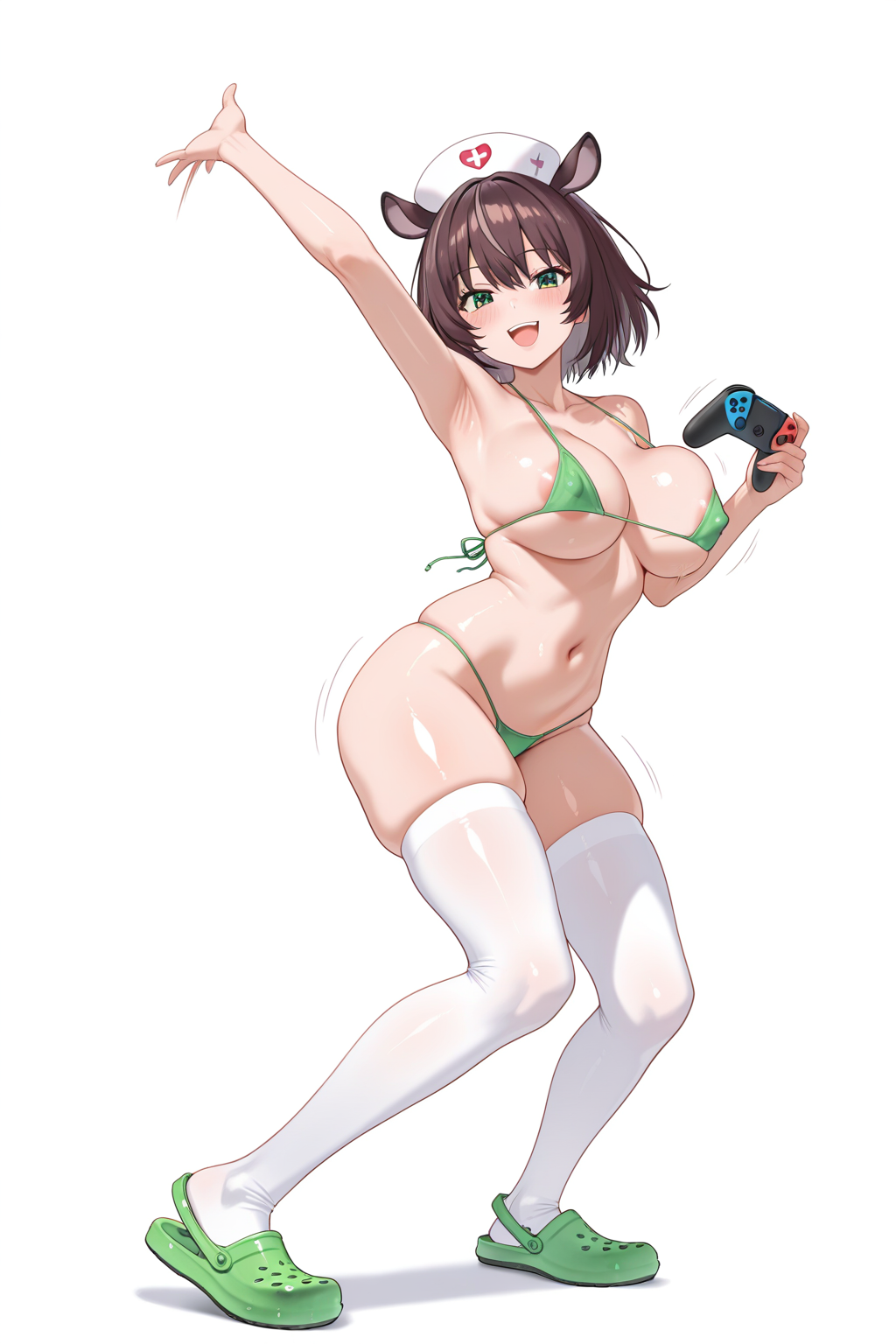 nimi nightmare, 1girl, animal ears, anime girl throwing things \(meme\), areola slip, arm above head, arm up, armpits, bikini, blush, bouncing breasts, breasts, brown hair, cleavage, collarbone, controller, covered nipples, crocs, dynamic pose, full body, game controller, green bikini, green eyes, hat, joy-con, large breasts, looking at viewer, meme, micro bikini, navel, nurse cap, open mouth, shiny skin, short hair, simple background, skindentation, smile, solo, stomach, swimsuit, tapir ears, tapir girl, thighhighs, underboob, virtual youtuber, white background, white thighhighs, masterpiece, best quality, absurdres, amazing quality