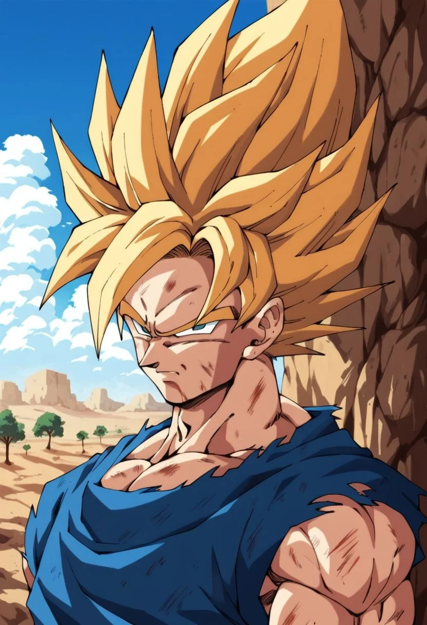 score_9, score_8_up, score_7_up, score_6_up,rating_questionable,portrait,((Solo:1.0)),(Son goku), without a shirt,(super expresive), ultradetailed, masterpiece, best quality, highres, in desert, montains, clouds, trees