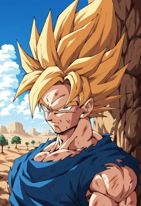 score_9, score_8_up, score_7_up, score_6_up,rating_questionable,portrait,((Solo:1.0)),(Son goku), without a shirt,(super expresive), ultradetailed, masterpiece, best quality, highres, in desert, montains, clouds, trees