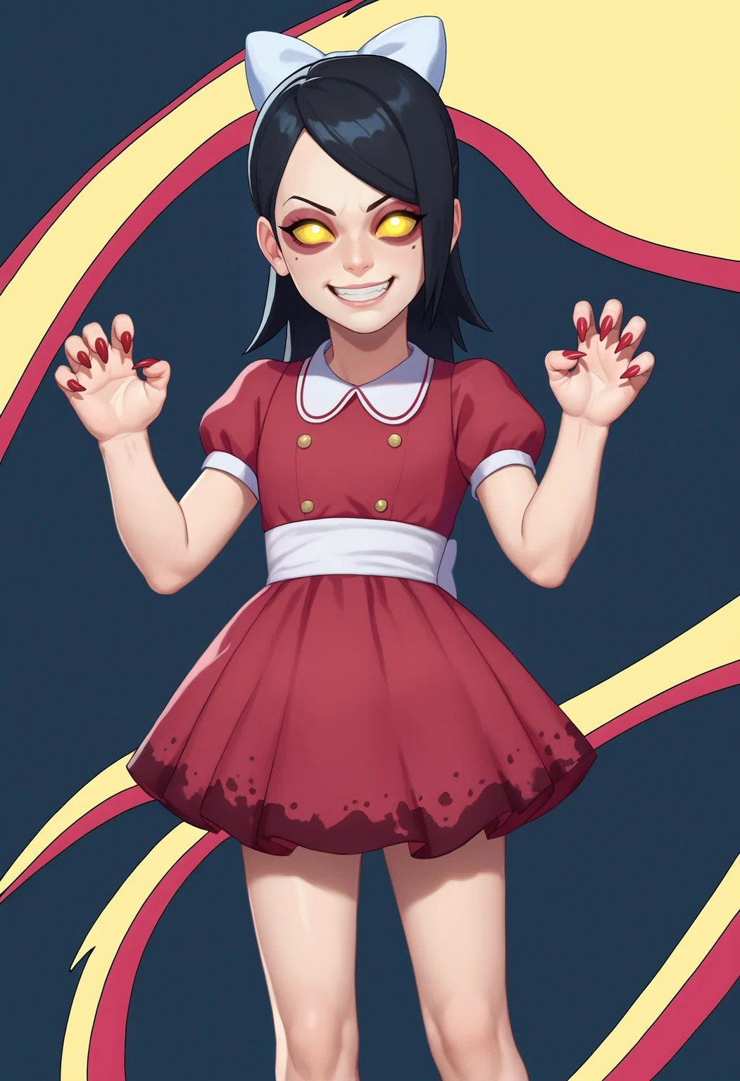 score_9, score_8_up, score_7_up,
BREAK
1girl, lilsis, sarada, black hair, glowing eyes, yellow eyes, yellow sclera, hair bow, red dress, muddy, bare legs, barefoot, evil smile, closed mouth, sharp fingernails, (looking at viewer), claw pose, cowboy shot, upper body,
BREAK
(black background), sharp focus <lora:LittleSisterXL_byKonan:0.75> <lora:SaradaXL:0.75>