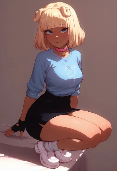Expressiveh, score_9, score_8_up, score_7_up, score_6_up, score_5_up, score_4_up, godrays, 1girl,doribun, blonde hair, medium hair, blunt bangs, dark skin, dog ears,Blue shirt, White symbol, black skirt, white socks, white shoes, fingerless gloves, black gloves, pink collar,
