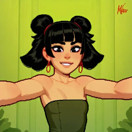 masterpiece,best quality,amazing quality, artist: melkor,, (artist: incase:0.7), 1girl, petite asian girl, black hair, (asymmetric short messy style, double bun), hime cut, fruit loop earring