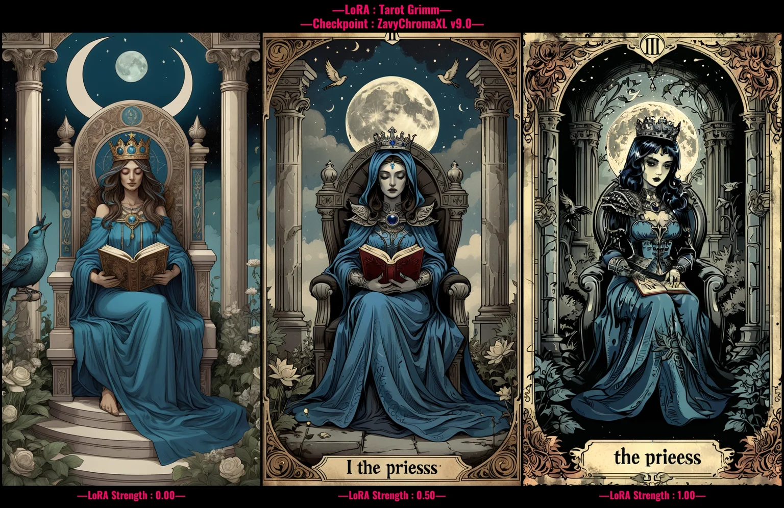 tarot card illustration, grimdark, richly detailed, "II The High Priestess" written, a woman seated in a throne, dressed in blue robes with a crown on her head, holding a book in one hand, a crescent moon at her feet, columns on either side, flowers, leaves, and a bird in the background, mystical atmosphere, detailed and intricate, focus on symbolism and spiritual themes, color palette dominated by shades of blue, green, and brown, antique feel <lora:art_style\xl_Tarot_Grimm>
