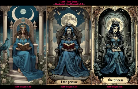 tarot card illustration, grimdark, richly detailed, "II The High Priestess" written, a woman seated in a throne, dressed in blue robes with a crown on her head, holding a book in one hand, a crescent moon at her feet, columns on either side, flowers, leaves, and a bird in the background, mystical atmosphere, detailed and intricate, focus on symbolism and spiritual themes, color palette dominated by shades of blue, green, and brown, antique feel <lora:art_style\xl_Tarot_Grimm>