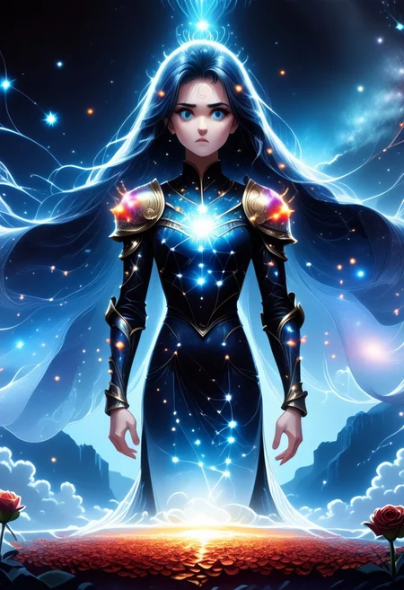 A beautiful woman stands at the edge of a vast, starry void, her form beginning to dissolve into a swirling storm of black, gold, silver, and red rose petals. Her face is serene, almost ethereal, as if she’s accepted her transformation. Her long hair flows gently in an otherworldly breeze, and her eyes, filled with a mix of sadness and wonder, gaze into the infinite cosmos. As the petals break away from her body, they are caught in a cosmic whirlwind, spiraling upward into the darkness. The black petals shimmer faintly, their edges glowing with gold and silver, while the red petals burn like embers, leaving trails of fiery light. The stars around her pulse and twinkle, their light reflecting off the petals and creating a mesmerizing dance of shadows and light. The atmosphere is a perfect blend of melancholy and beauty, capturing the woman’s transition from the physical world to the cosmic unknown. The scene is both haunting and enchanting, as if she’s becoming one with the universe itself." Additional details for refinement: Style: Hyper-realistic or semi-realistic, with a focus on atmospheric lighting and fluid motion. Lighting: Soft, cosmic light with glowing highlights on the petals and stars. Color palette: Deep blacks, shimmering golds and silvers, and fiery reds (petals), with shimmering whites and blues (stars). Mood: Melancholic, mystical, and awe-inspiring, with a sense of transcendence and beauty.