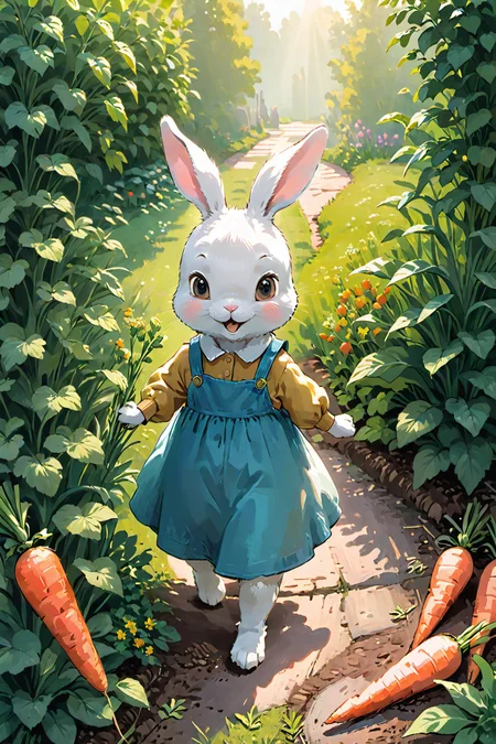 masterpiece,best quality,Soft and warm color palette,The beginning of the story is always very gentle,soft lighting,bright,vivid,happy,fun,<lora:xl_more_art-full_v1:0.9>,(a rabbit walks in the garden like a person),(dressed),(carrot in hand),close-up,